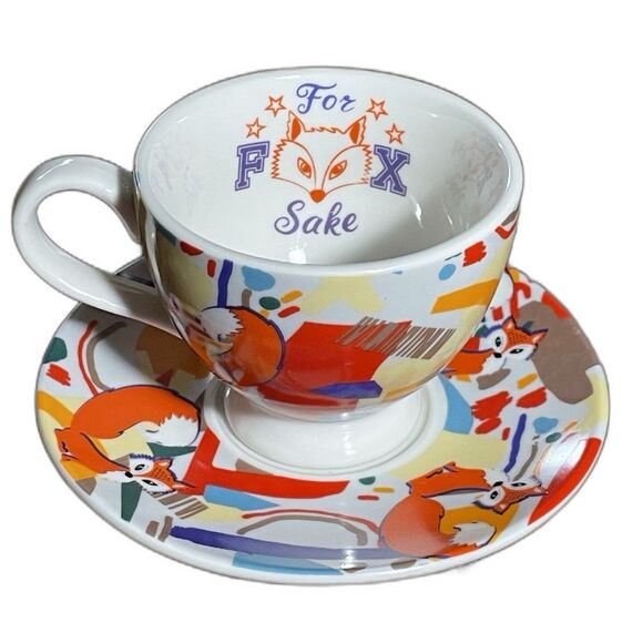 What the fox teacup and saucer funny modern tea time set for sarcastic birthday - Picture 1 of 9